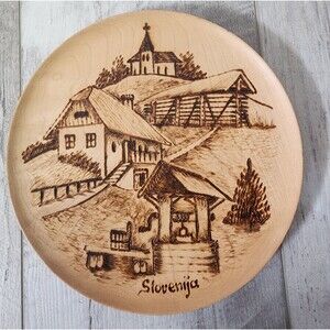 Slovenia Souvenir Pyrography Wood Wall Hanging Plate Village Scenery Hand Carved